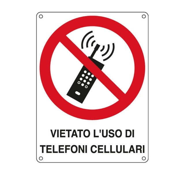 Cartello in alluminio Vietato l'uso di telefoni cellulari - F.to: 16,6x23,3 cm