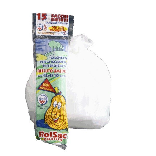 Conf. 15 sacchi per rifiuti colore bianco - 10 litri - compostabili - F.to 42x45 cm