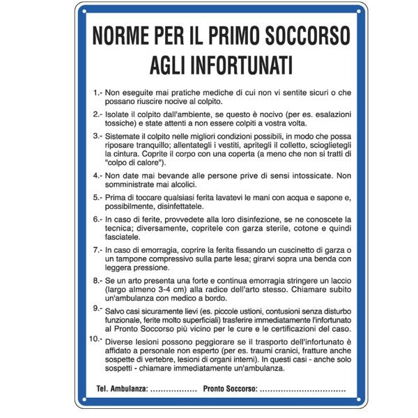 Cartello in alluminio Norme di P. Socc. Infortunati -F.to: 33,3x47 cm