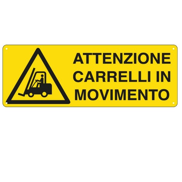 Cartello in alluminio Attenzione carrelli in movimento - F.to: 35x12,5 cm