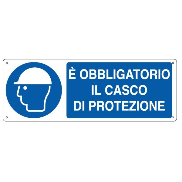 Cartello in alluminio E' obbligatorio il casco di protezione - F.to: 35x12,5 cm