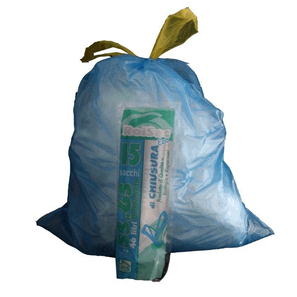 Conf. 15 sacchi per rifiuti colore azzurro - 44 litri - profumato con maniglie - F.to 55x65 cm