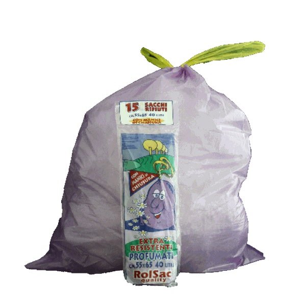 Conf. 15 sacchi per rifiuti colore viola - 44 litri - profumato con maniglie - F.to 55x65 cm