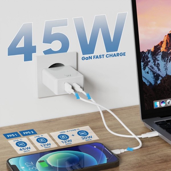 Caricatore universale - 45W - 1 USB-A + 1 USB-C