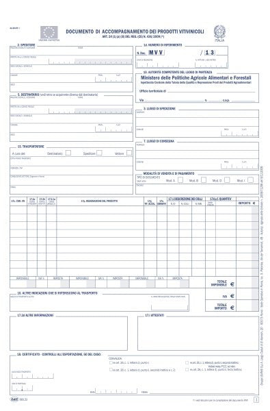 Documento di accompagnamento prodotti vitivinicoli con istruzioni, serie MVV