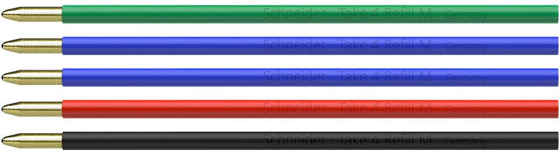Set 5 Refill per penna a sfera 4 colori - inchiostro blu, nero, rosso, verde - punta Media - blister 5 pezzi
