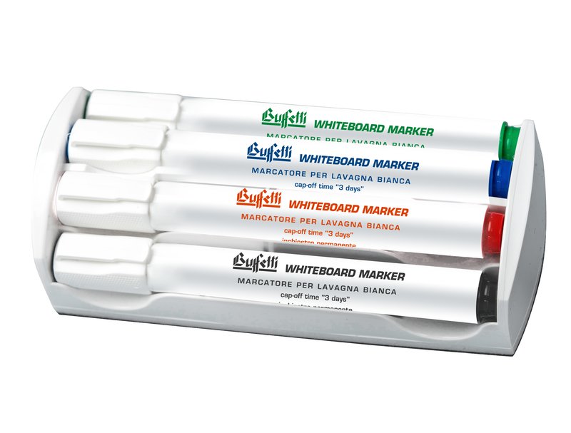 Set 4 Marcatori + Cancellino per lavagne bianche - blu, nero, rosso, verde - Punta tonda - Tratto 1-3 mm