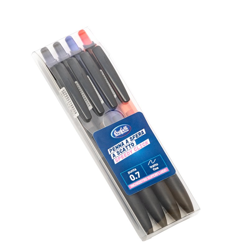Astuccio 4 Penne a sfera a scatto Speedy Click - colore nero, blu, rosso