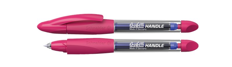 Penna roller con cartuccia. Fusto trasparente con grip triangolare rosa