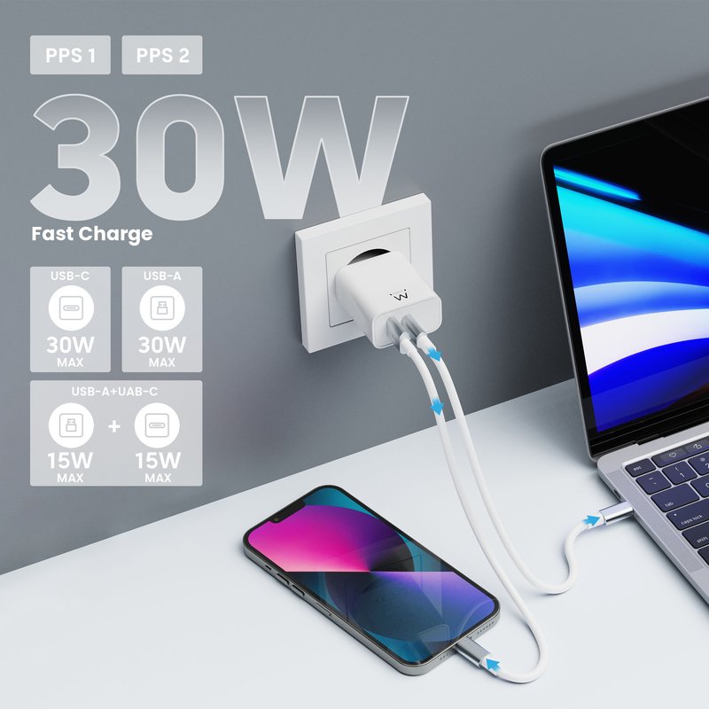 Caricatore universale - 30W - 1 USB-A + 1 USB-C