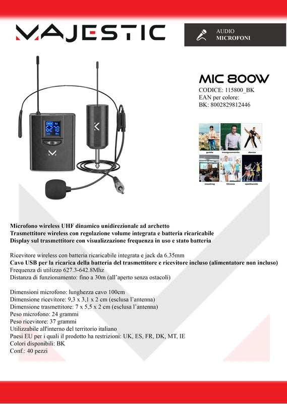 Microfono con archetto wireless UHF