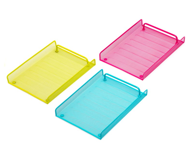 Vaschetta porta-corrispondenza in metallo colorato (verde acido, fucsia, celeste)