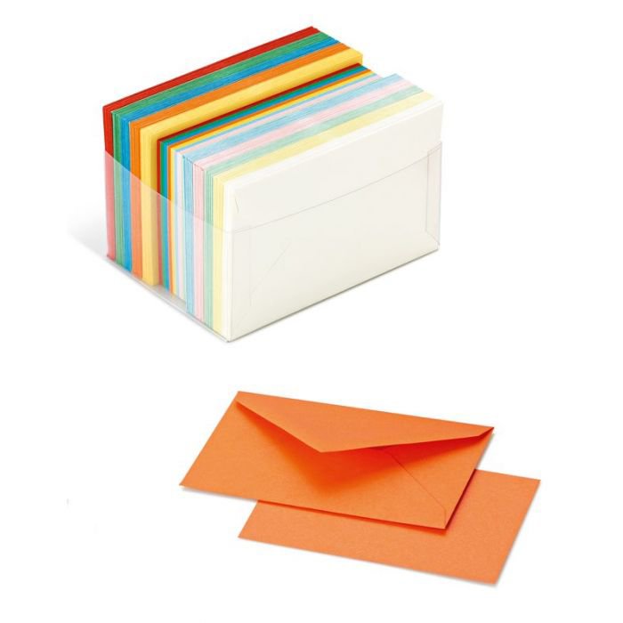 Conf. 100 biglietti+buste - F.to 4 (7,2x11cm) - colori ass.ti (5 forti+ 5 pastello)