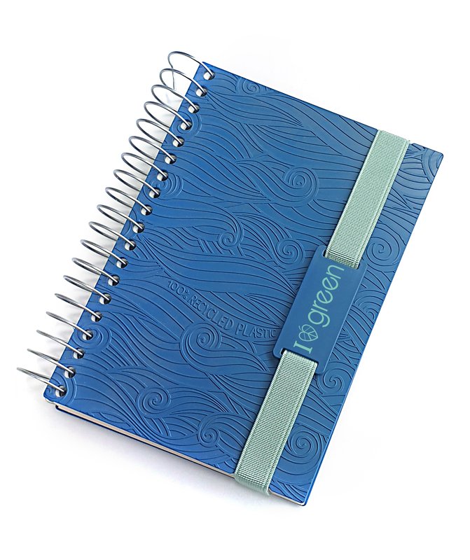 Blocco notes con spirale ed elastico I love green OCEAN - plastica e carta riciclata - 10,5x15 cm - azzurro