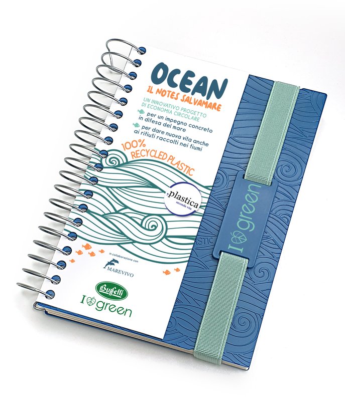 Blocco notes con spirale ed elastico I love green OCEAN - plastica e carta riciclata - 10,5x15 cm - azzurro