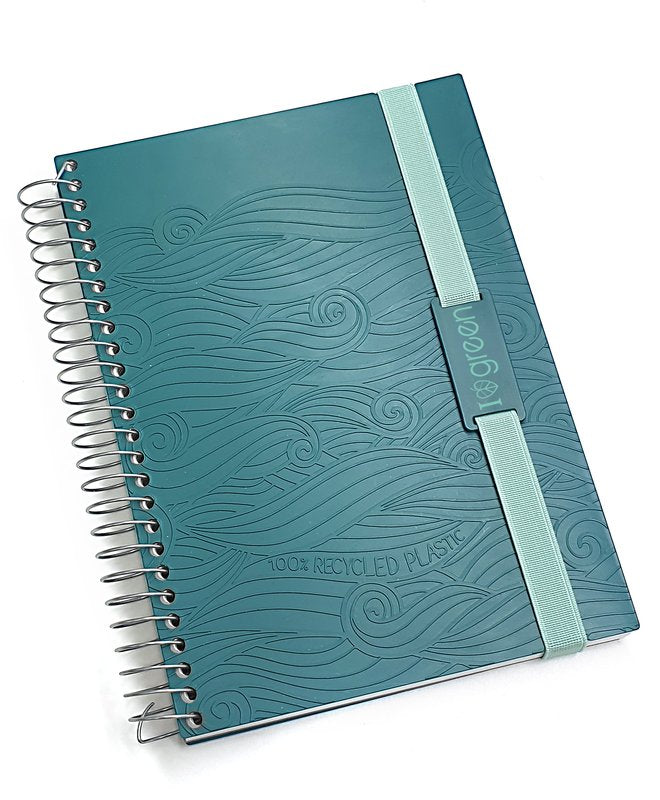 Blocco notes con spirale ed elastico I love green OCEAN - plastica e carta riciclata - 15x21 cm - verde