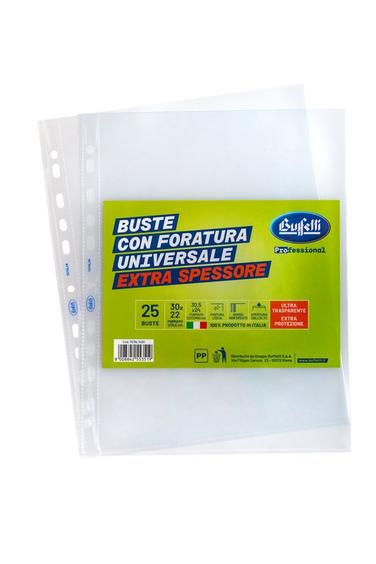 Buste a foratura universale - Polipropilene - 30x22 cm - lisce -extra spessore - conf.25 pz.