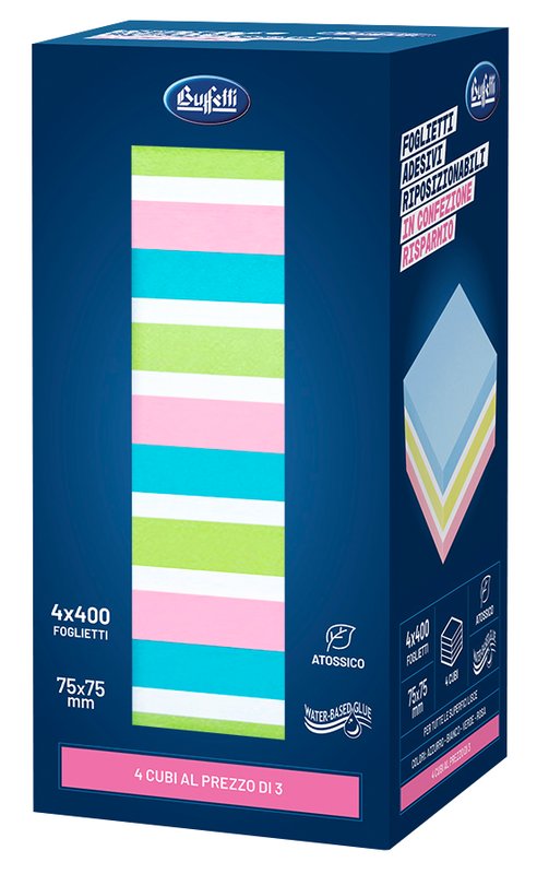 Box 4 Cubi da 400 foglietti adesivi riposizionabili - azzurro - verde - rosa - bianco