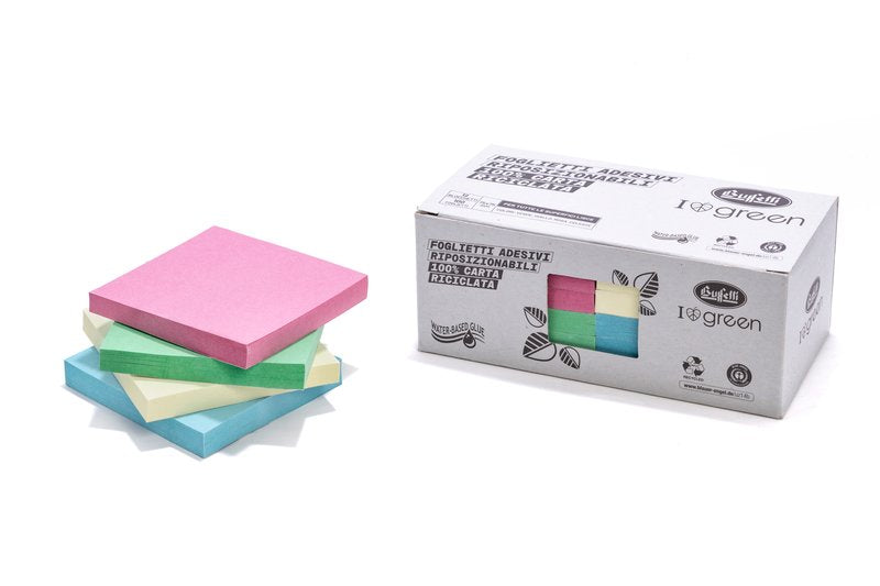 Foglietti adesivi riposizionabili I love green - Box da 4 blocchetti - 75x75 mm - carta riciclata - colori assortiti