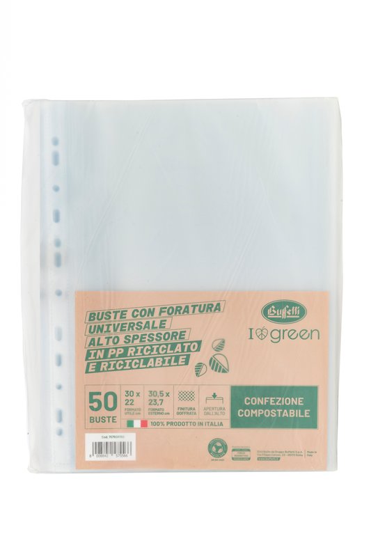 Buste a foratura universale - Polipropilene goffrato riciclato - 30x22 cm - alto spessore - confezione compostabile a 50 pz.