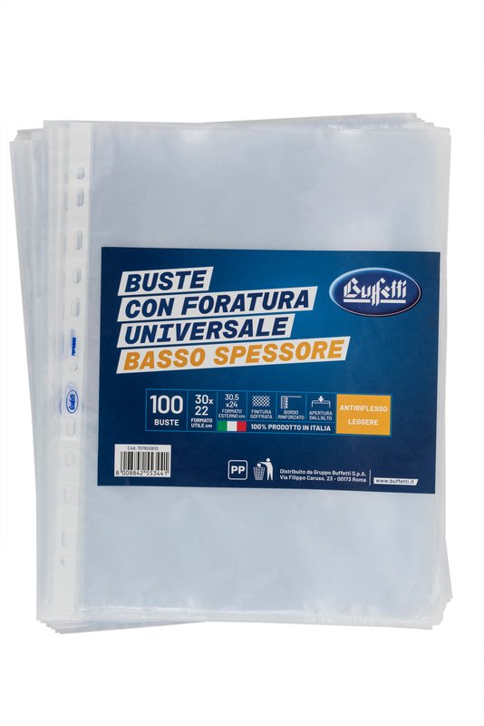 Buste a foratura universale - Polipropilene goffrato - 30x22 cm - basso spessore - conf. 100 pz.