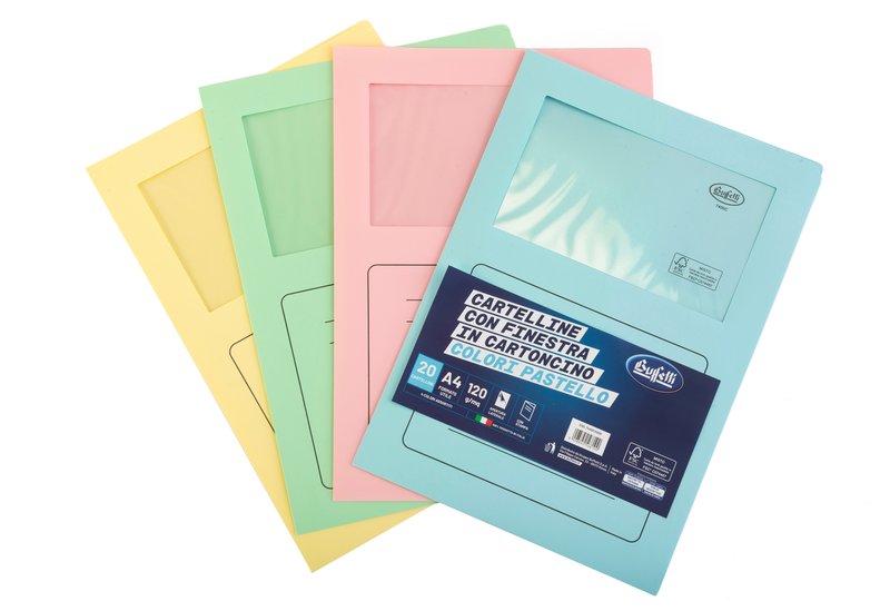 Cartelline con finestra - cartoncino ecologico - 120 g/mq - 29,7x21 cm - colori assortiti - conf. 20 pz