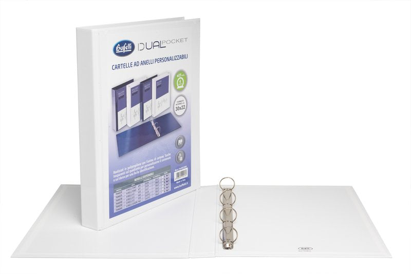 Cartella personalizzabile Dual Pocket - 4 anelli a D - Diametro 25 mm - bianco