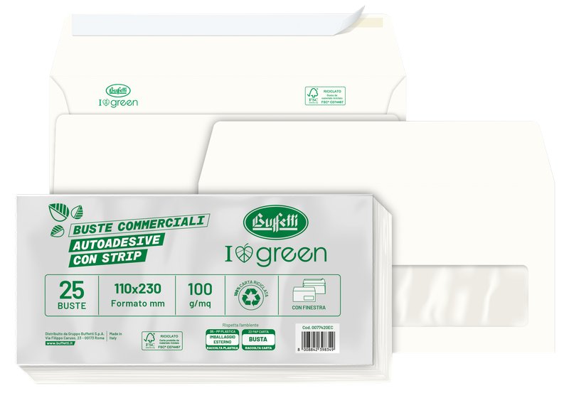 Buste commerciali con finestra - Chiusura adesiva con strip - 11x23 cm 100 g - conf. 25 pz.