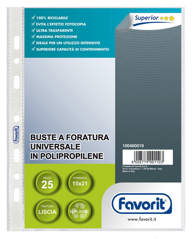 Buste a foratura universale - Polipropilene - 21x15 cm - lisce - alto spessore - conf. 25 pz.