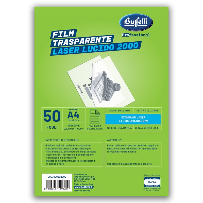 Film Premium - Lucidi c/sensore ottico e s/retrofoglio - Formato A4 - Laser e copiatrici b/n