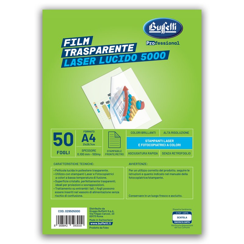Film Premium - Lucidi s/sensore ottico e s/retrofoglio - Formato A4 - per Laser e copiatrici a colori