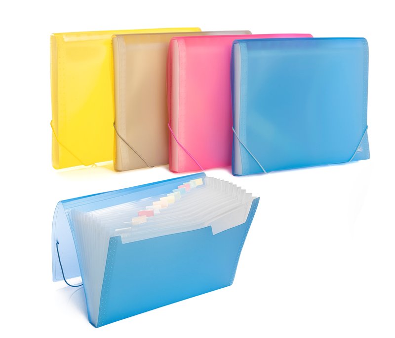 Classificatore a soffietto - polipropilene - 12 scomparti - 21x29,7 cm - chiusura con elastico - colori assortiti