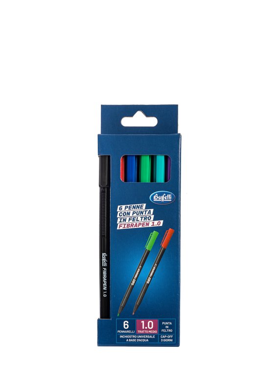 Set 6 Pennarelli punta in feltro da 1 mm - nero, blu, rosso, verde, viola, azzurro