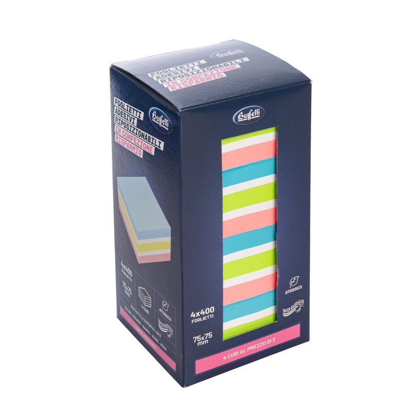 Box 4 Cubi da 400 foglietti adesivi riposizionabili - azzurro - verde - rosa - bianco