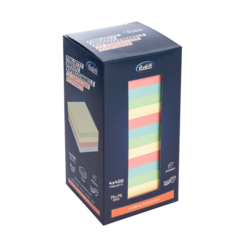 Box 4 Cubi da 400 foglietti adesivi riposizionabili - azzurro - verde - rosa - giallo