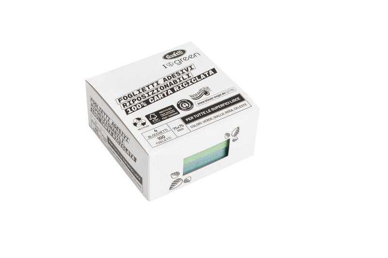 Foglietti adesivi riposizionabili I love green - Box da 4 blocchetti - 75x75 mm - carta riciclata - colori assortiti