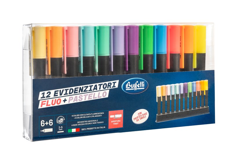 Set 12 Evidenziatori Fluo + Pastello - 6 colori fluo + 6 colori pastello assortiti