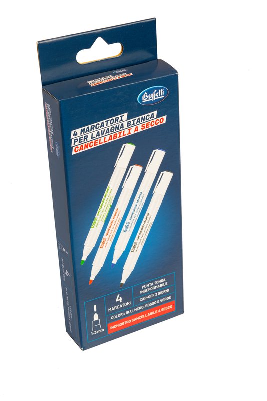 Set 4 Marcatori per lavagne bianche - blu, nero, rosso, verde - Punta tonda - Tratto 1-3 mm