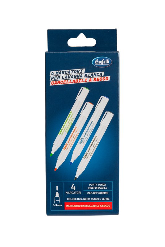 Set 4 Marcatori per lavagne bianche - blu, nero, rosso, verde - Punta tonda - Tratto 1-3 mm