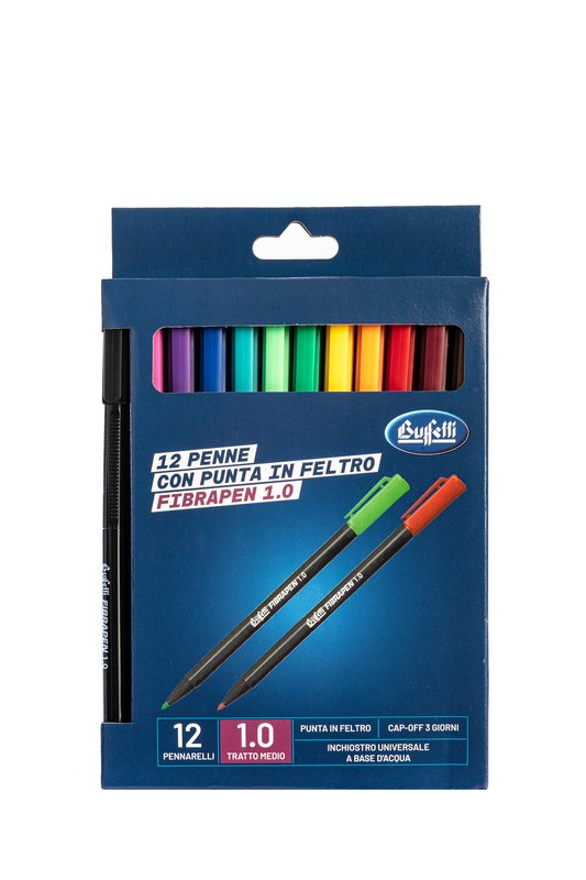 Set 12 Pennarelli punta in feltro da 1 mm - nero, blu, rosso, verde, viola, azzurro, giallo, arancione, rosa, verde chiaro, marrone, bordeaux