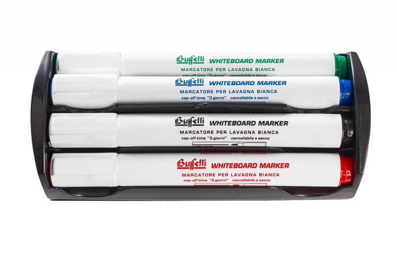Set 4 Marcatori + Cancellino per lavagne bianche - blu, nero, rosso, verde - Punta tonda - Tratto 1-3 mm