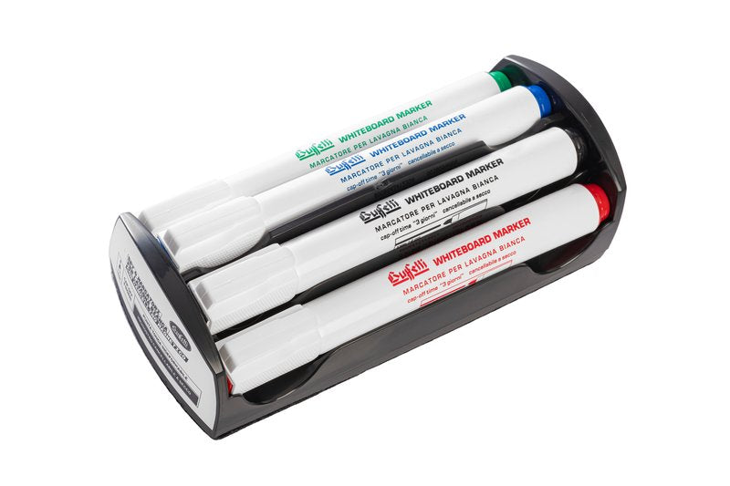 Set 4 Marcatori + Cancellino per lavagne bianche - blu, nero, rosso, verde - Punta tonda - Tratto 1-3 mm