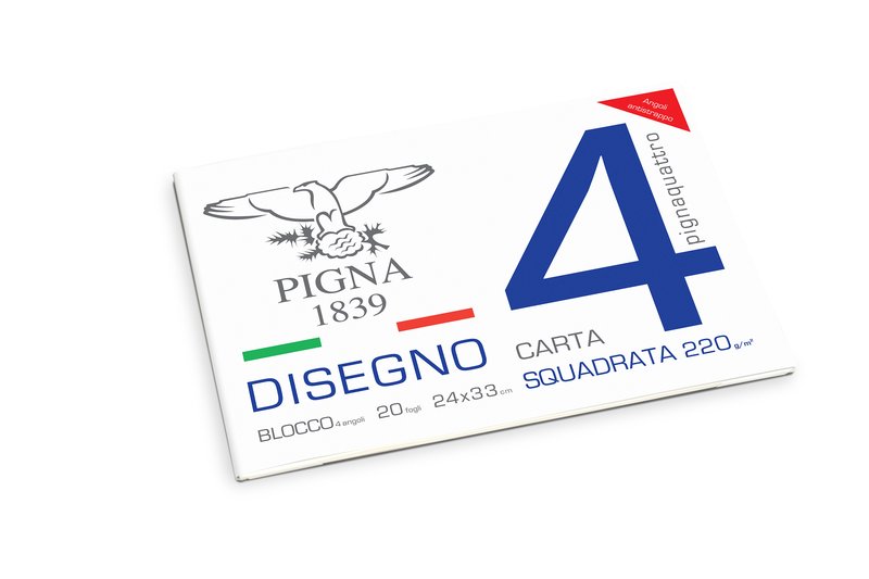 Blocco da Disegno con 4 angoli PignaQuattro - carta liscia riquadrata - 24x33cm