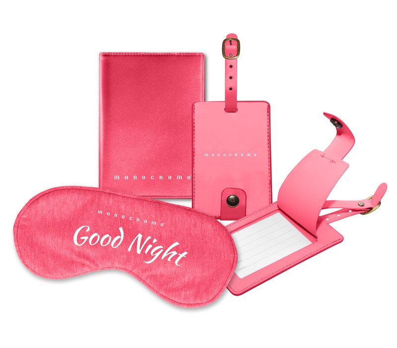 Set da viaggio MONOCROMO,con mascherina sonno, porta passaporto , targhetta valigia - rosa