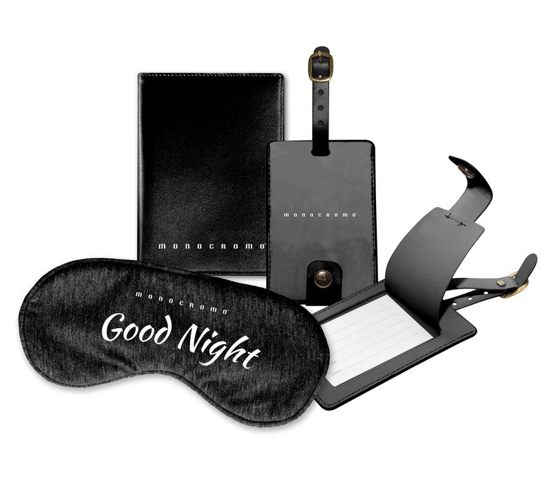Set da viaggio MONOCROMO,con mascherina sonno, porta passaporto , targhetta valigia - nero