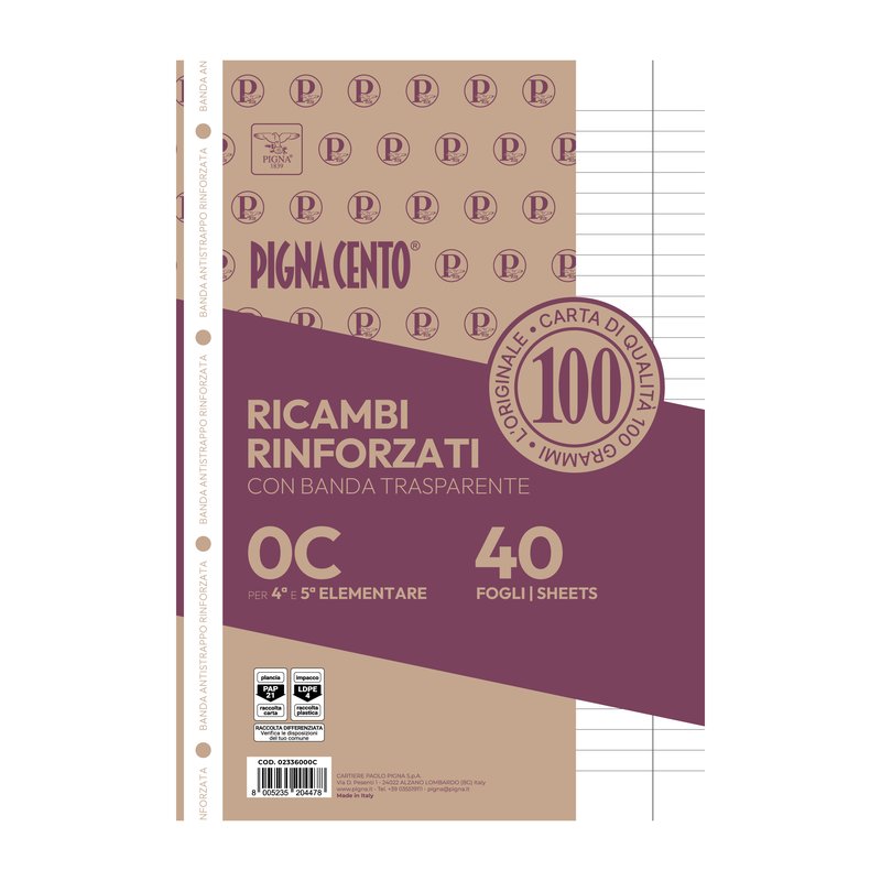 Confezione da 40 fogli PIGNACENTO rinforzati  - 0C - Righe con margine