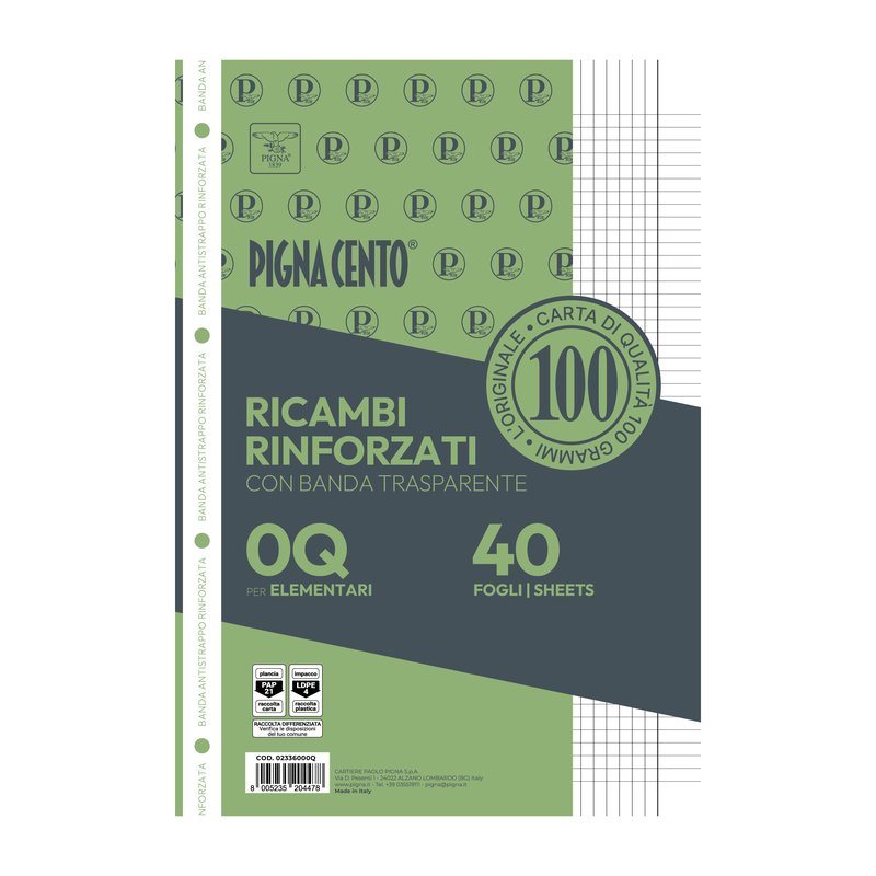 Confezione da 40 fogli PIGNACENTO rinforzati  - 0Q - Quadretto da 5mm con margine