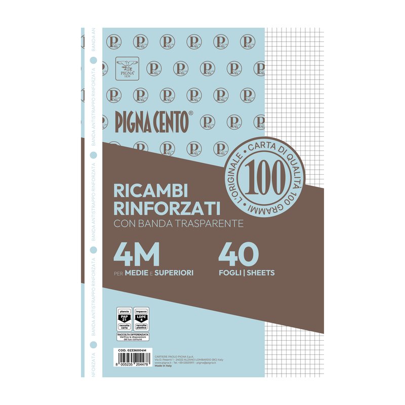 Confezione da 40 fogli PIGNACENTO rinforzati  - 4M - Quadretto da 4mm