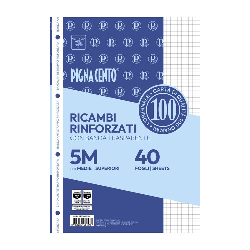 Confezione da 40 fogli PIGNACENTO rinforzati  - 5M - Quadretto da 5mm