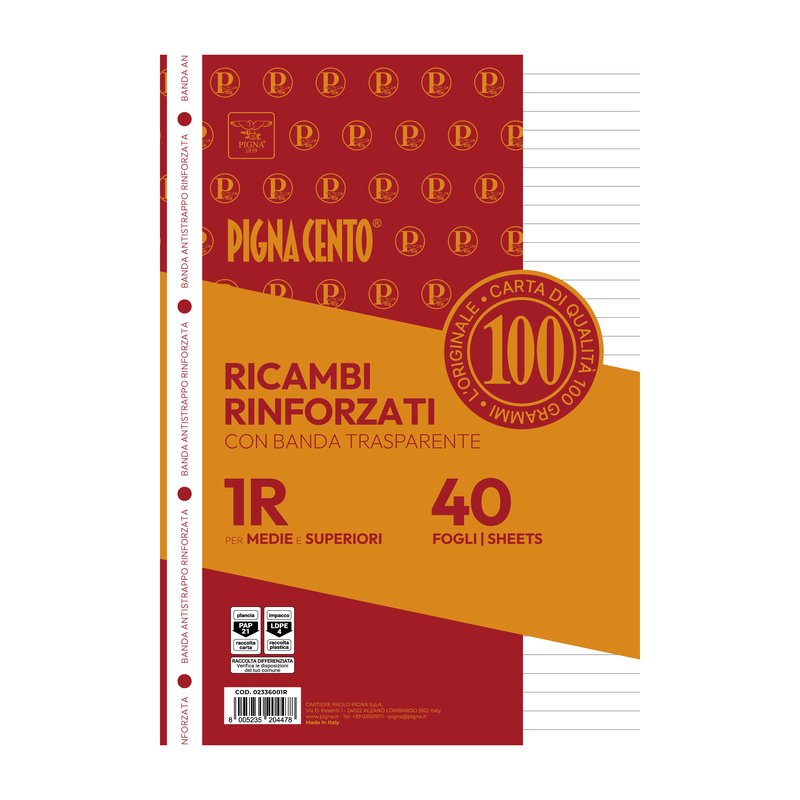 Confezione da 40 fogli PIGNACENTO rinforzati  - 1R - Righe